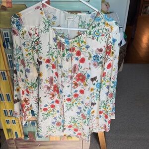 ecru Silk Cream Floral Split-Neck Blouse with Multicolor Flower Print